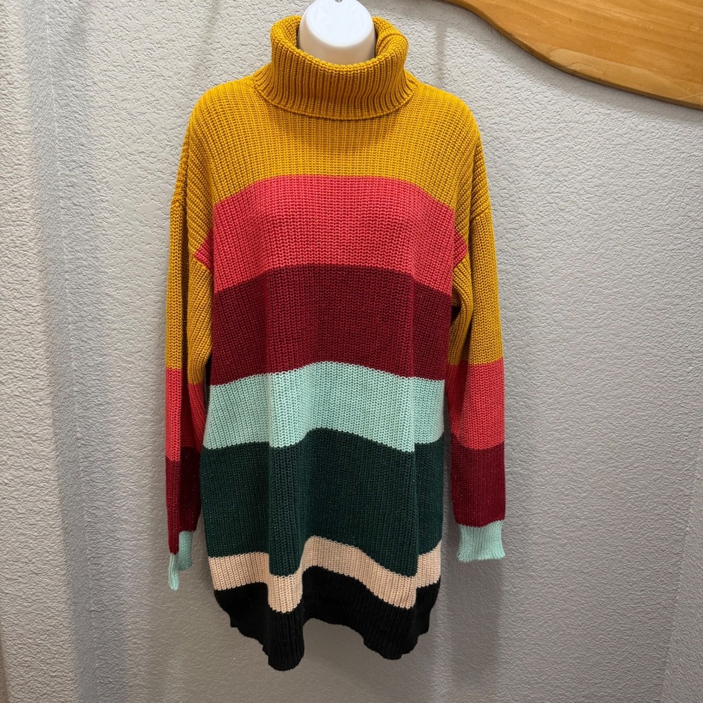FARM Rio Anthropologie Striped Turtleneck Knit Dress — Mustard Multi — Size Smal